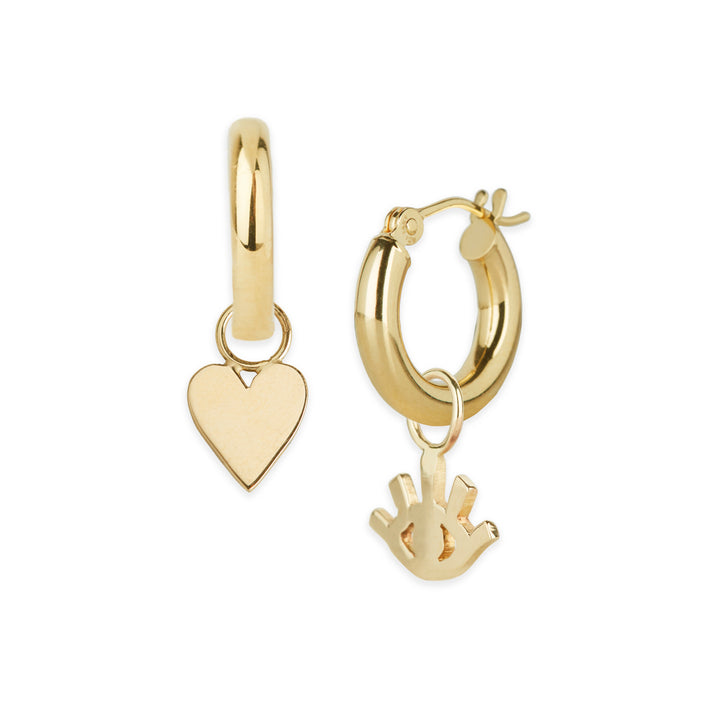 14 kt. gold 15mm hoops with 14 kt. gold eye charm and heart charm