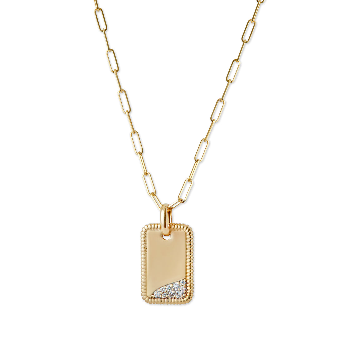 gold diamond dog tag on paperclip open link chain