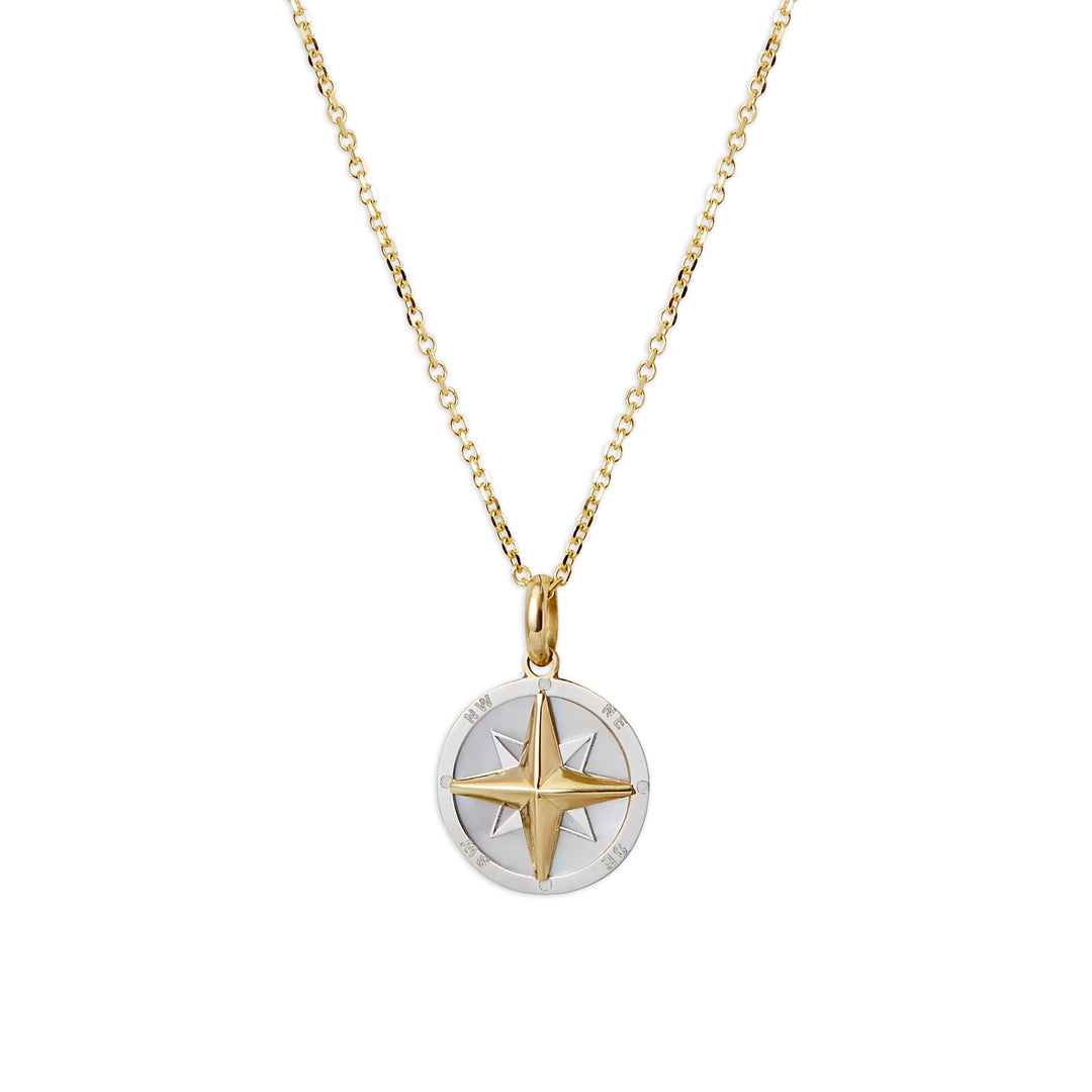 14 kt white and yellow gold, mother of pearl compass necklace